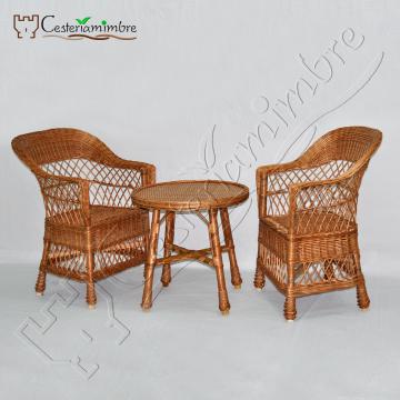 Conjunto de mimbre modelo dos teladas Conjunto de 2 sillones de mimbre modelo  dos teladas + 1 mesa<br />
Medidas: sillón 60x55x80 cm. Mesa 60 cm diam.